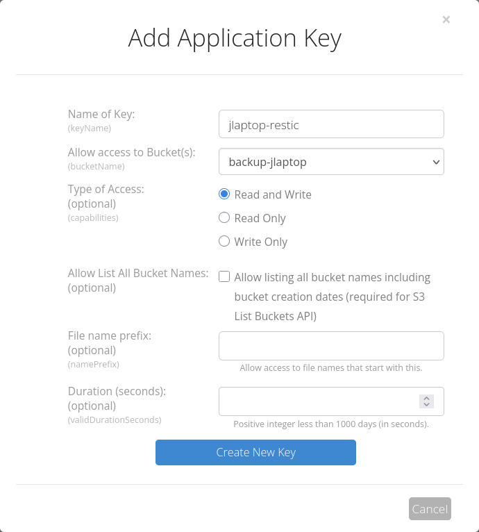 Application key creation example